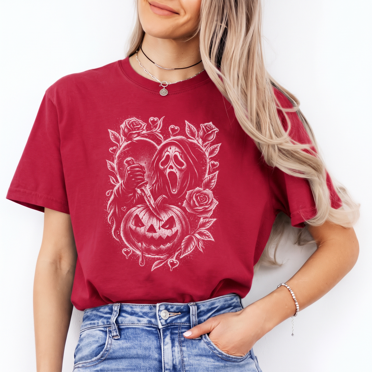 Horror-Slasher-T-Shirt mit Blumen-Kürbis-Motiv – Gruselige Ghostface-Rosen