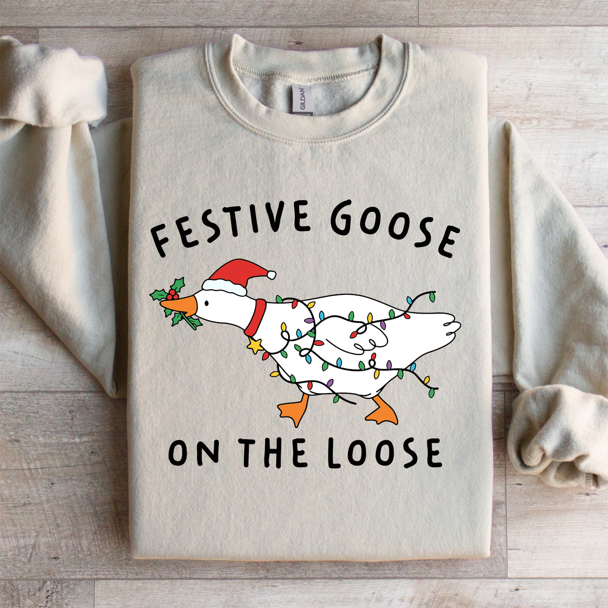 Sweat-shirt à col ras-du-cou « Malices des fêtes » amusant - oie festive en liberté