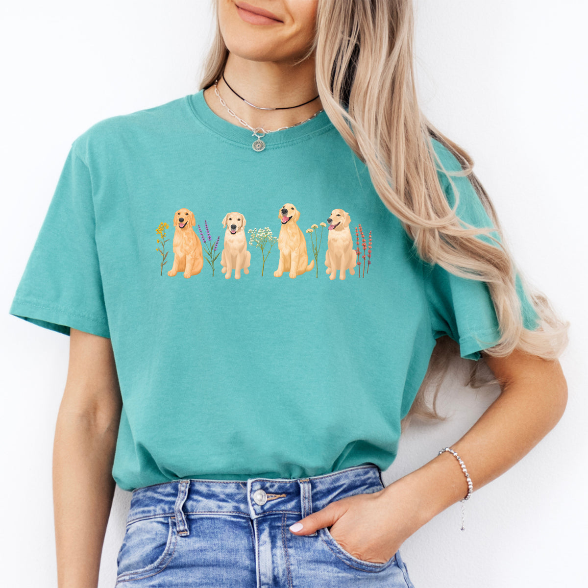 Botanisches Blumen-Golden-Retriever-Grafiktop – Shirt für Hundemamas