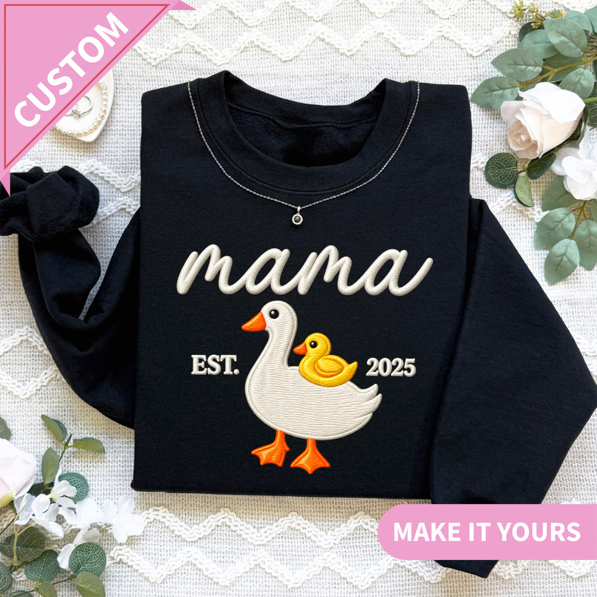 Personalized Mama Goose embroidered custom year fleece sweatshirt in black