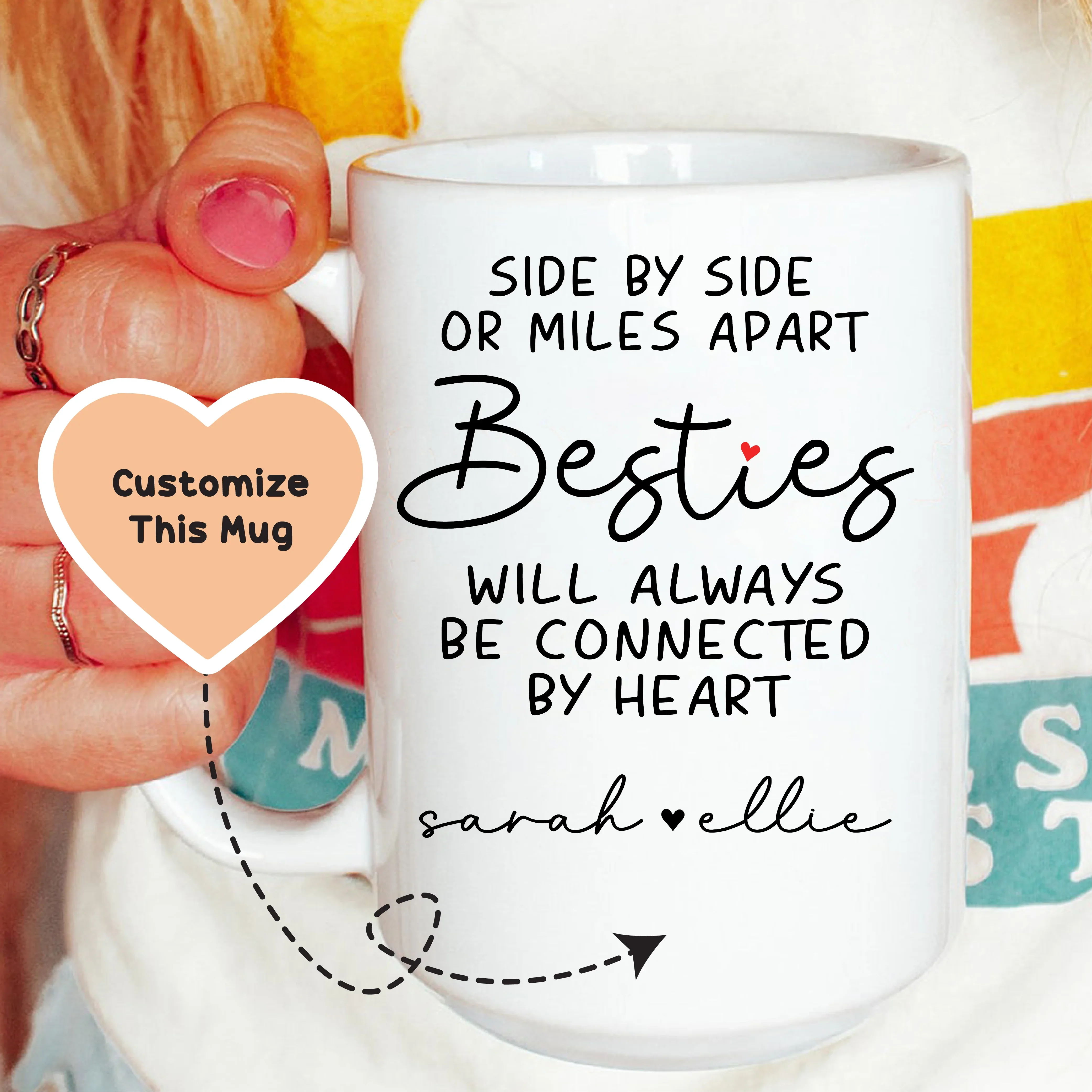 Side By Side Or Miles Apart Besties Custom Mug White / 15 oz printful T-Shirt