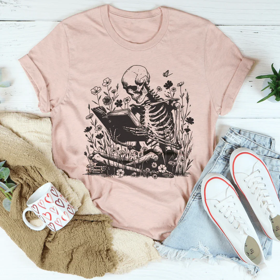 Skull With Books Tee Heather Prism Peach / S Peachy Sunday T-Shirt