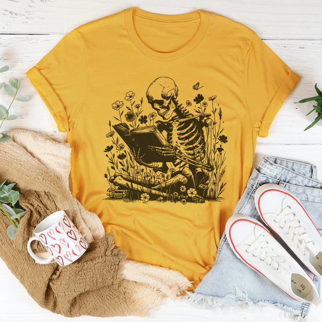 Skull With Books Tee Mustard / S Peachy Sunday T-Shirt
