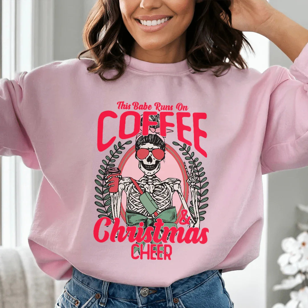 This Babe Runs On Coffee & Christmas Cheer Sweatshirt Light Pink / S Peachy Sunday T-Shirt