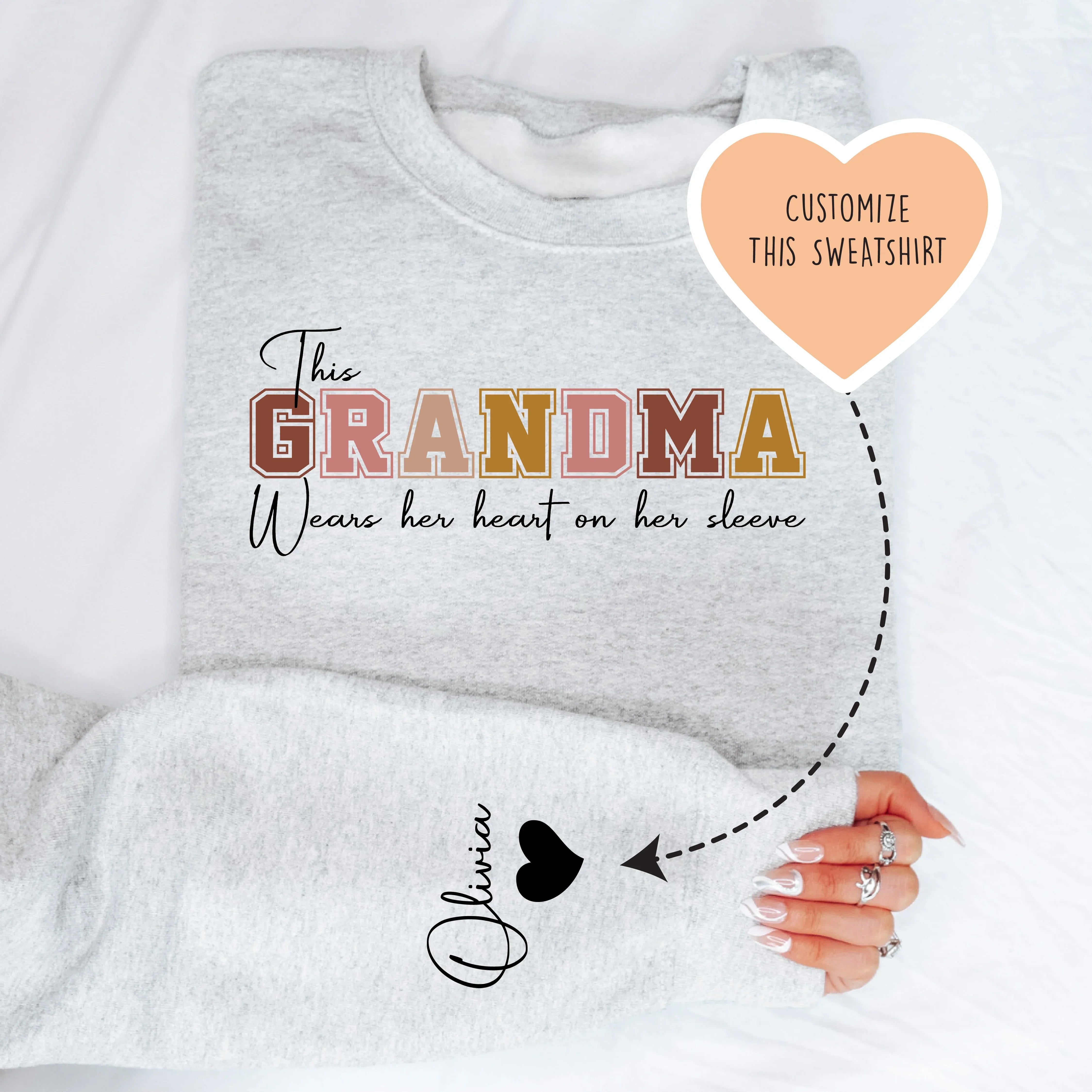 This Grandma Wears Her Heart On Her Sleeve Custom Sweatshirt Sport Grey / 2XL printful T-Shirt