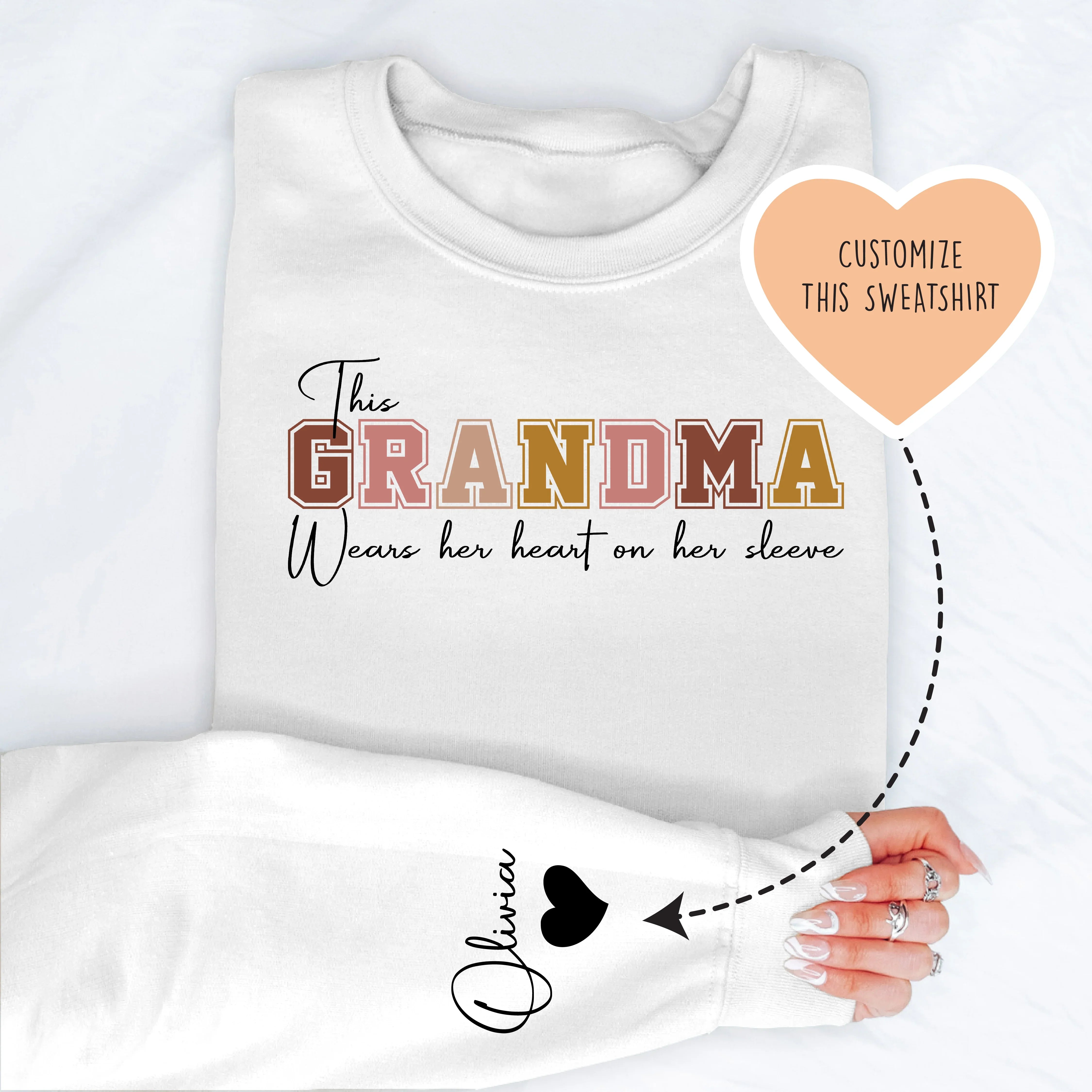 This Grandma Wears Her Heart On Her Sleeve Custom Sweatshirt White / 2XL printful T-Shirt