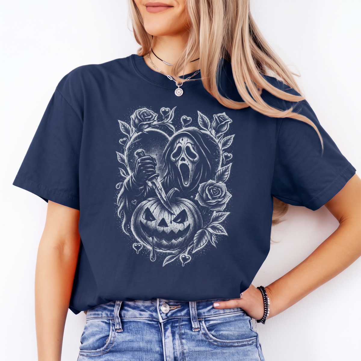 Horror-Slasher-T-Shirt mit Blumen-Kürbis-Motiv – Gruselige Ghostface-Rosen