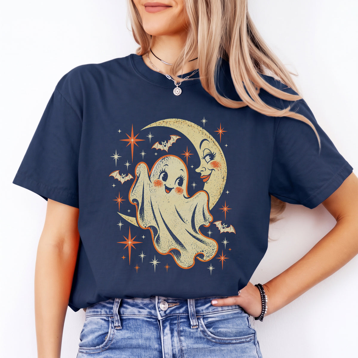 \"Retro-Gespenst und Mondsichel\" – Spooky-Celestial-Print-Top