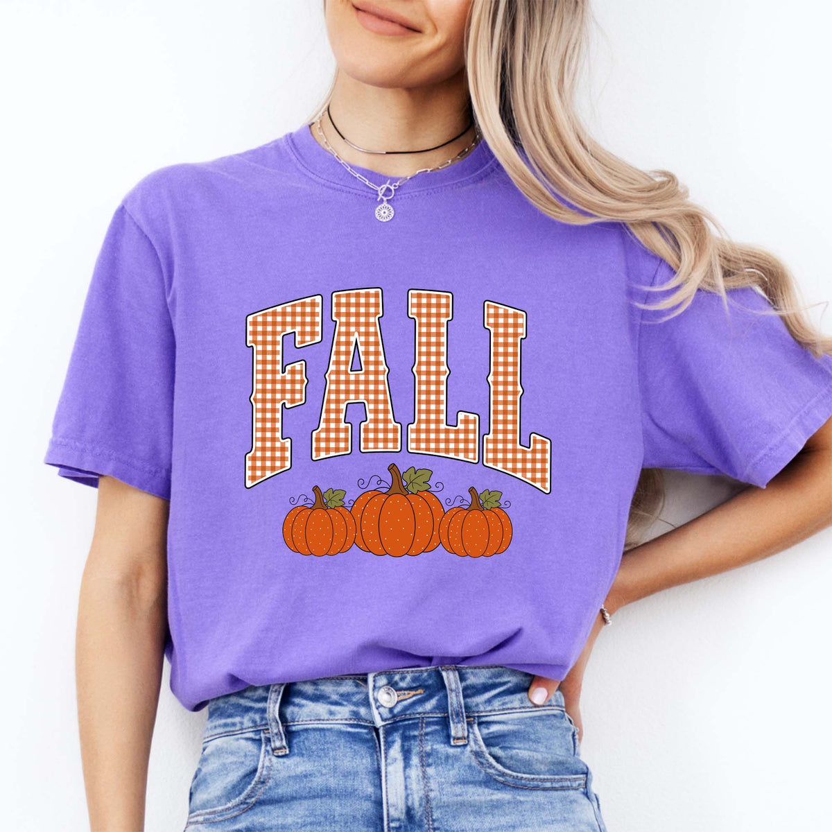 Gingham Pumpkin Autumn Graphic T-Shirt – Retro Fall Vibe