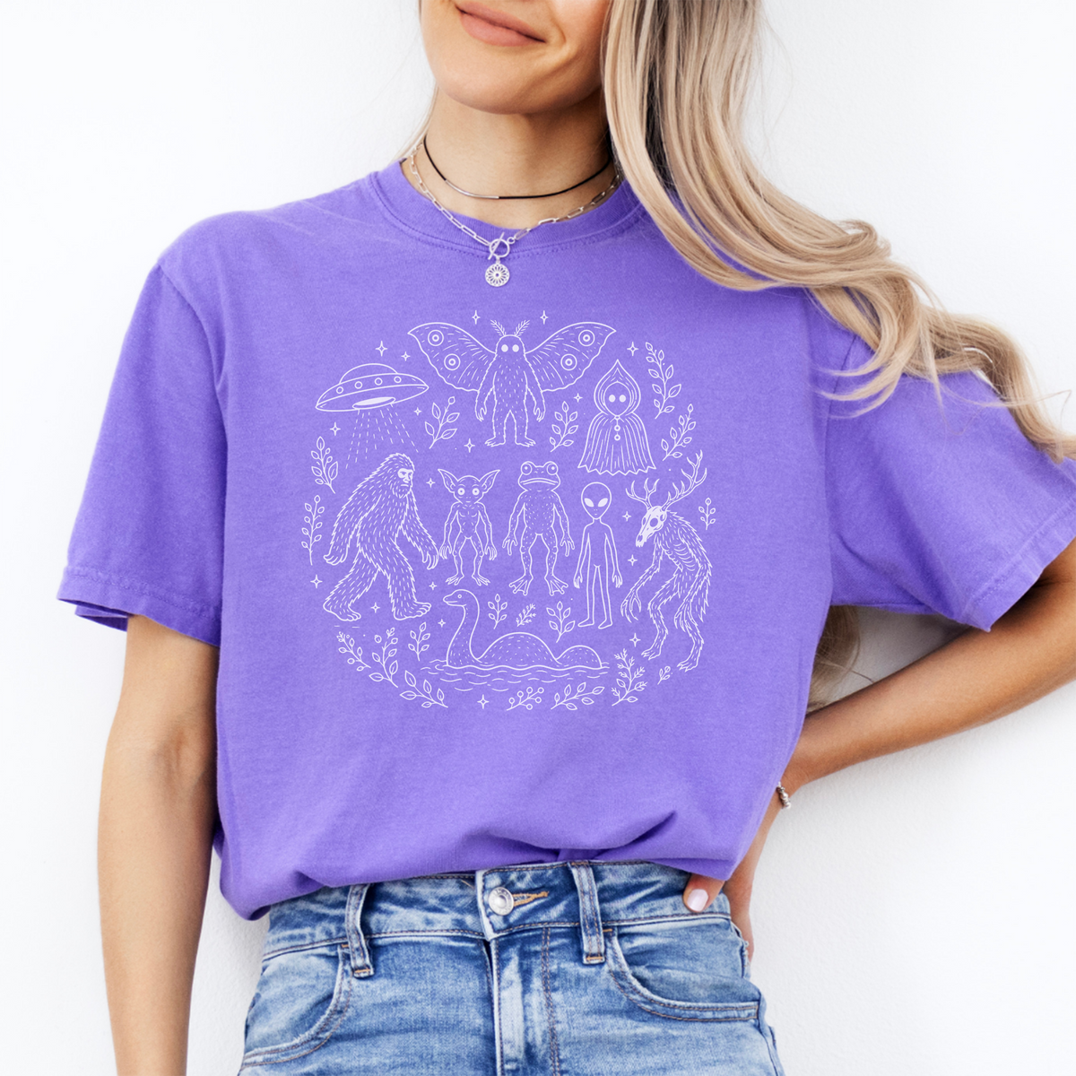 Cryptid Forest Squad Graphic Casual Shirt – Bigfoot Mothman Folklore Top