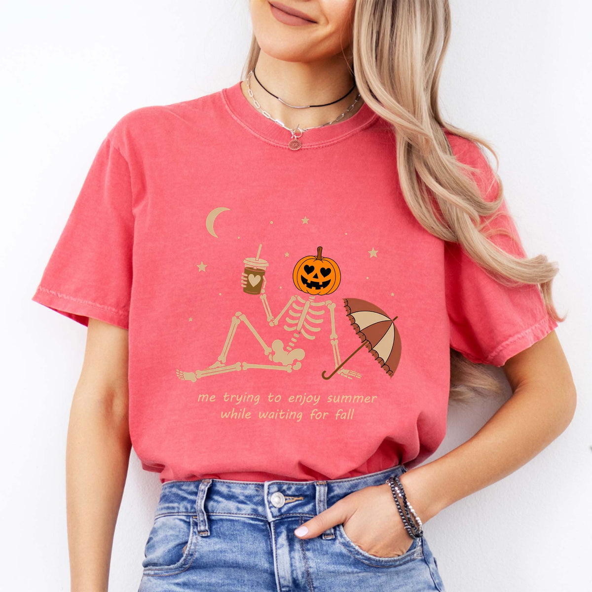 Halloween Humor Relaxed-Fit Shirt – "Waiting For Fall" Skeleton