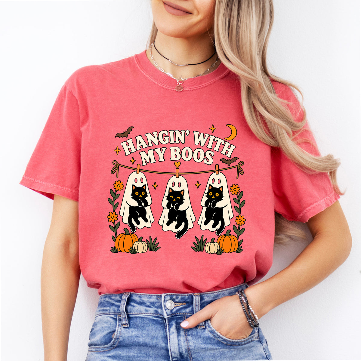 T-shirt noir « Hanging With My Boos » avec chat noir et fantôme