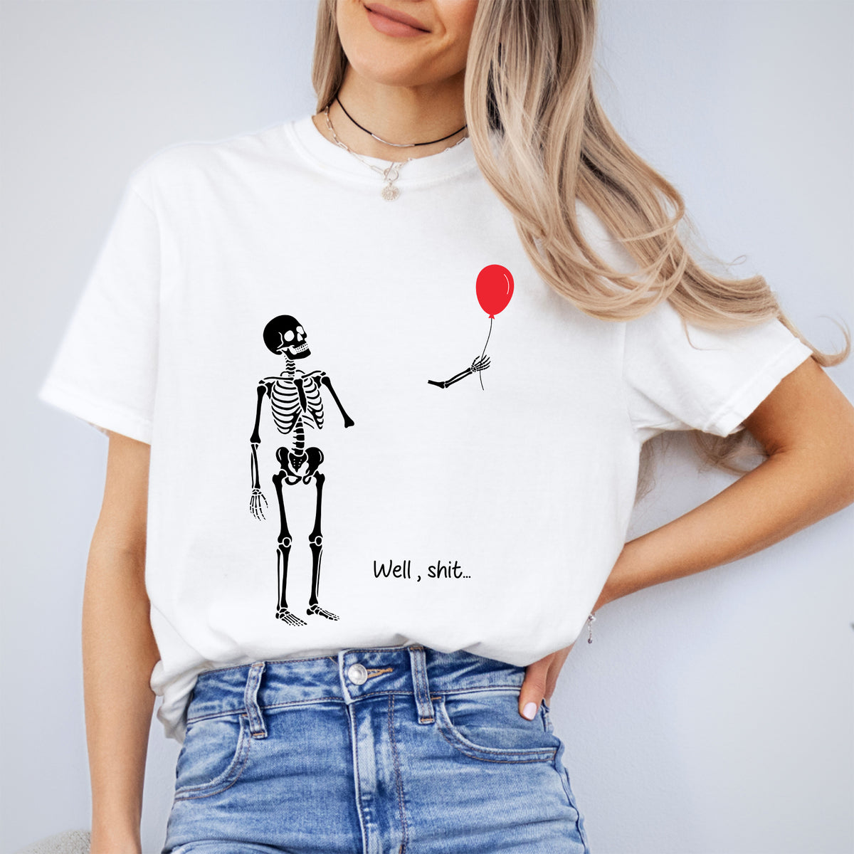 „Na toll, Scheiße …“ – Lustiges lässiges Shirt mit Skelettmotiv und abgetrenntem Arm