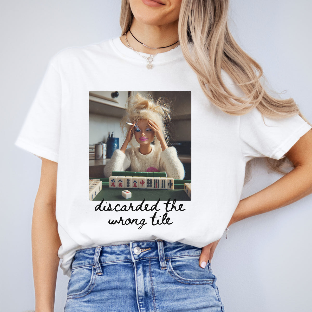 Discarded The Wrong Tile mahjong player shirt in crisp white