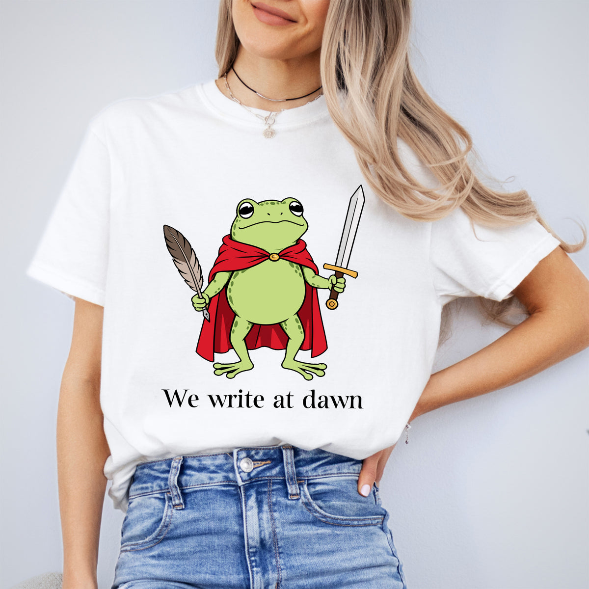 "We Write at Dawn" Author Warrior Frog Writer Graphic Tee