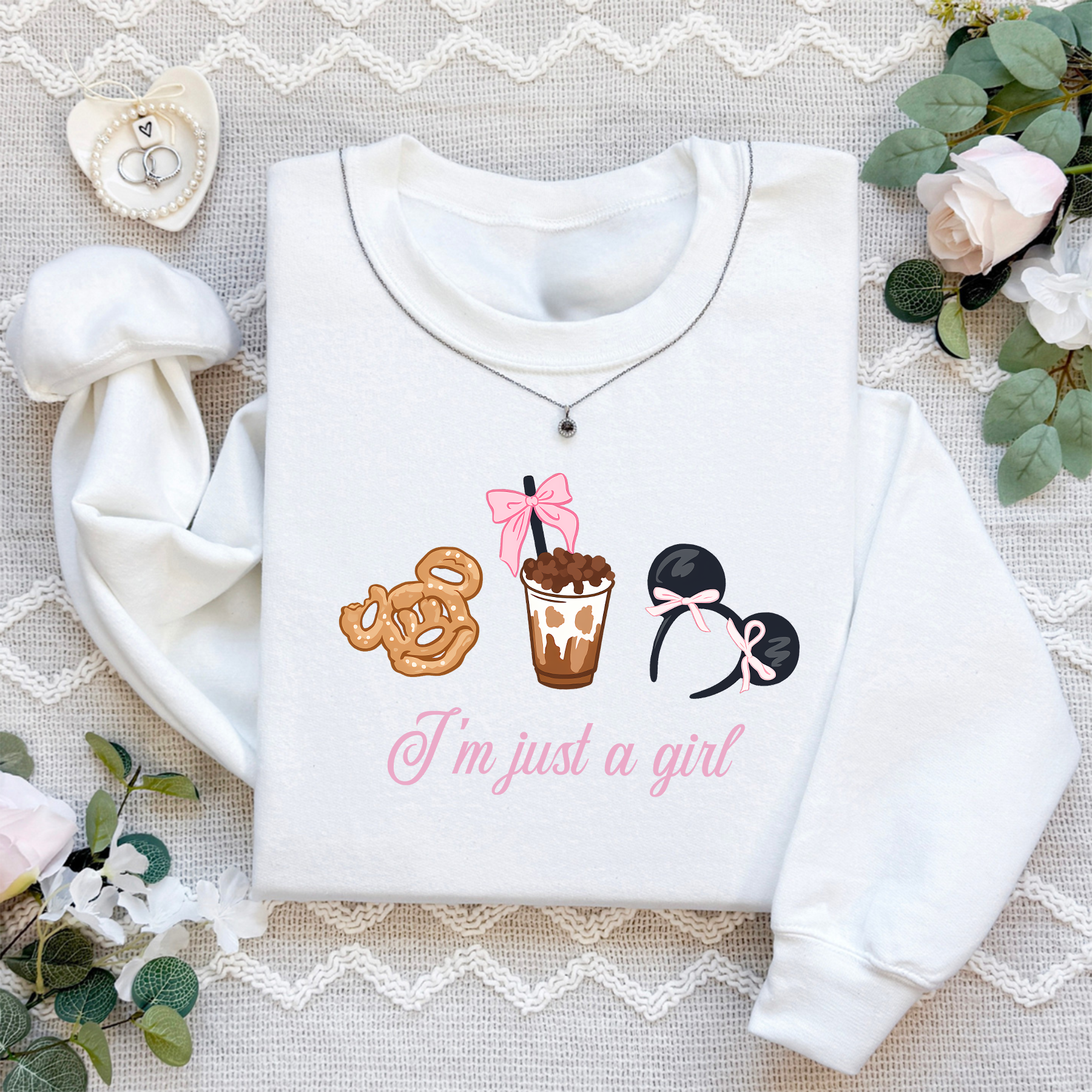 I'm Just a Girl Disney Cake Bow Coffee Girly Sweatshirt