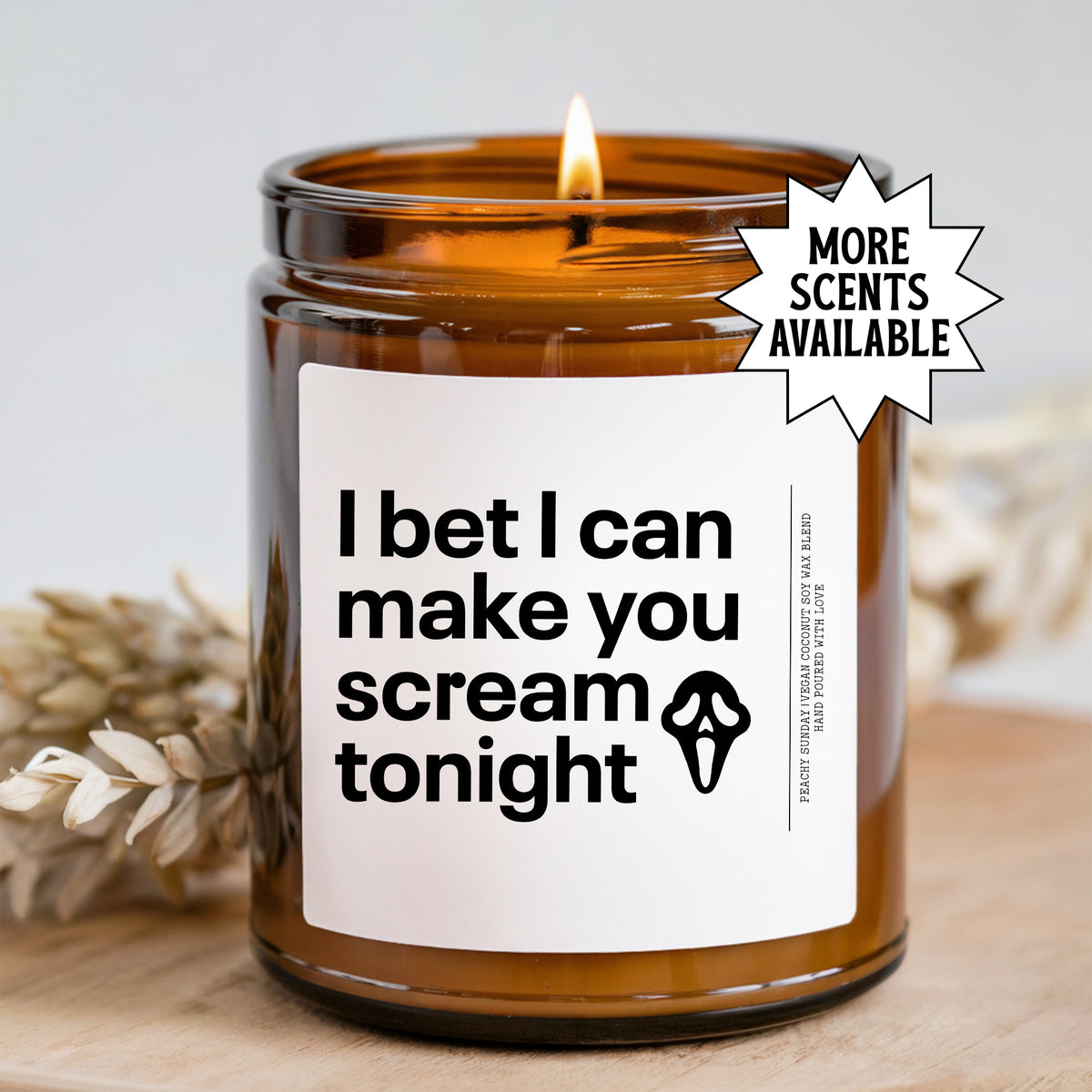 Spooky season horror movie candle reading I bet I can make you scream tonight with ghost mask graphic