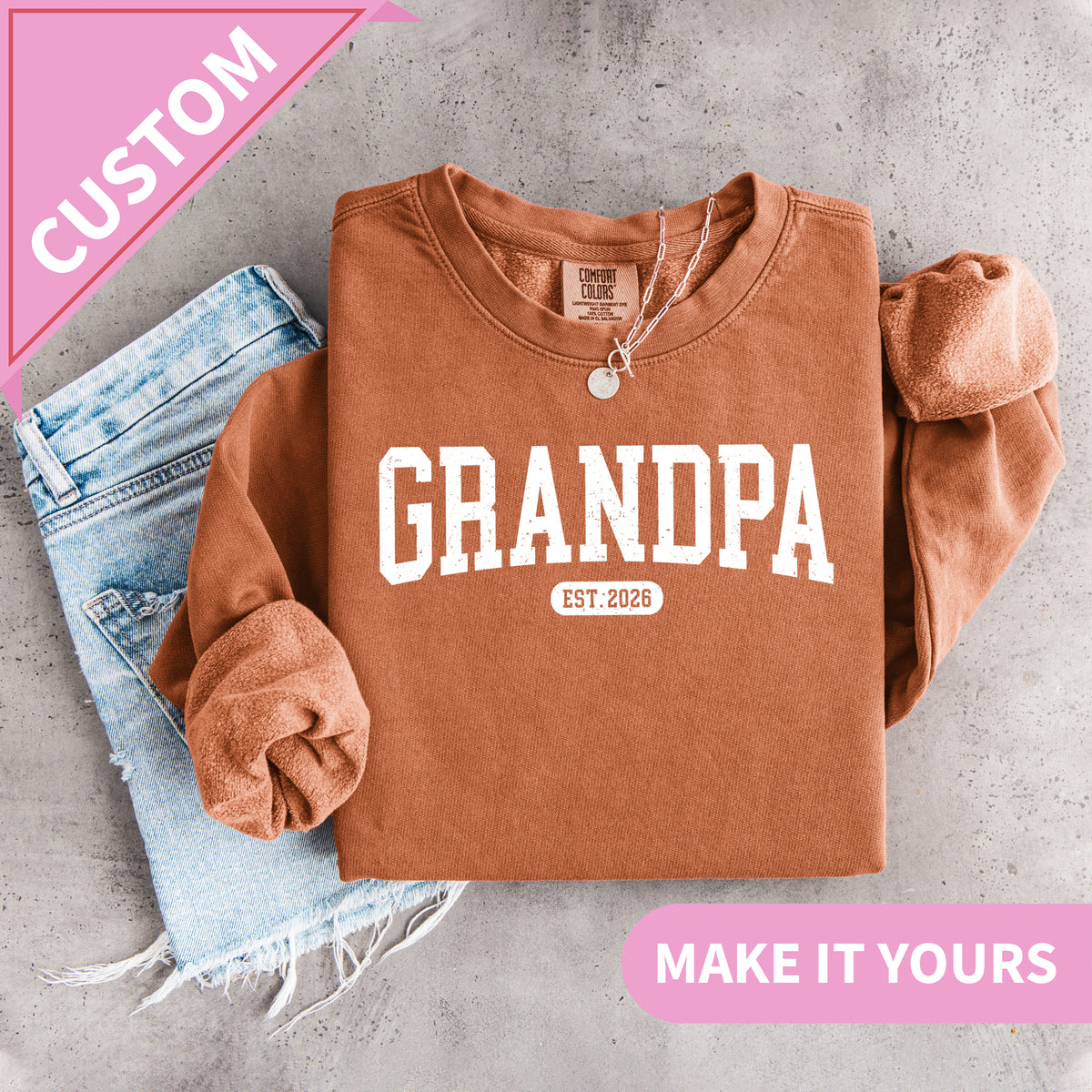 Personalized Grandpa Established Year Custom Collegiate Crewneck Sweatshirt in Yam