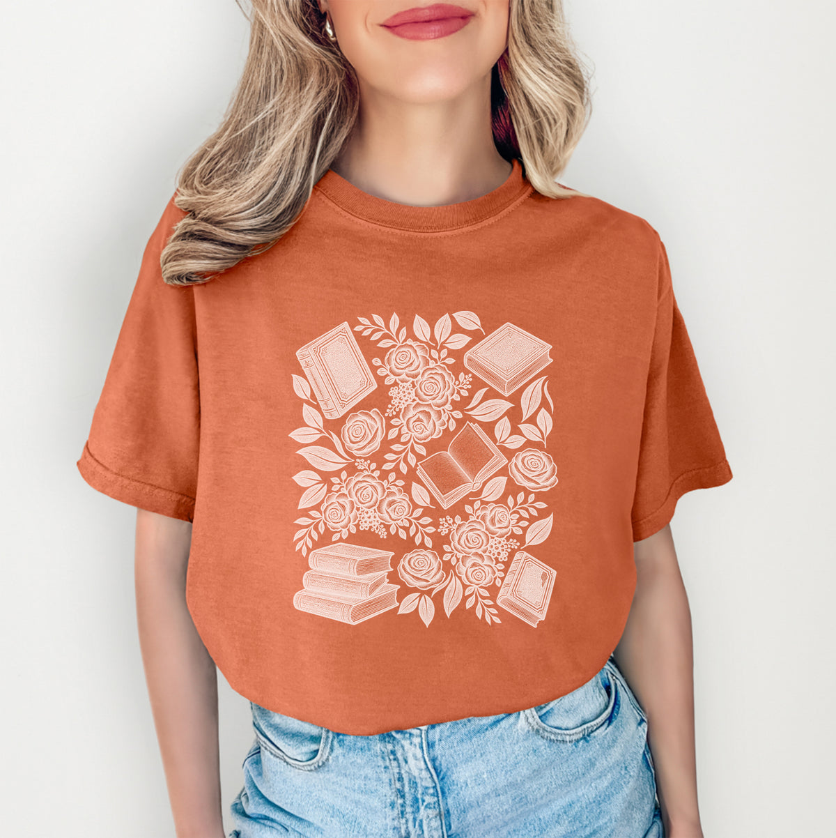 Linocut Books And Flowers Tee