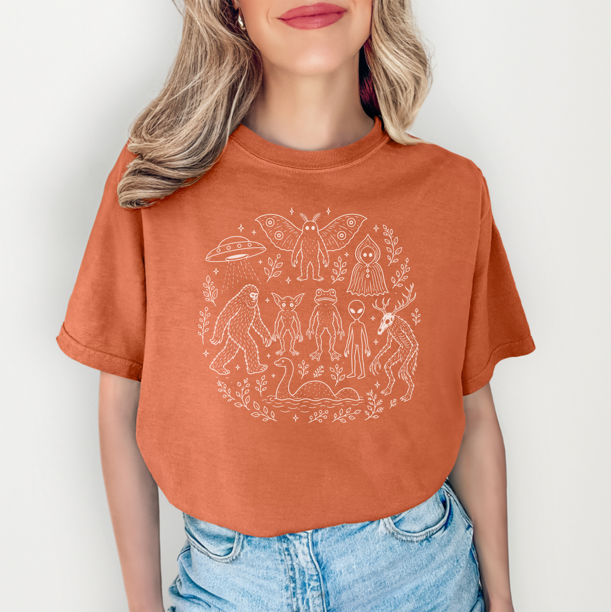 Cryptid Forest Squad Graphic Casual Shirt – Bigfoot Mothman Folklore Top