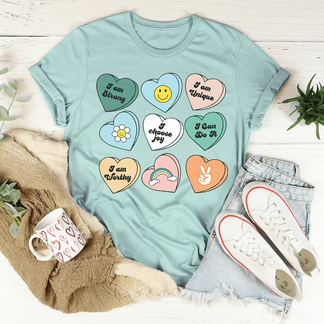 Candy Hearts Positivity Affirmations Tee Peachy Sunday T-Shirt