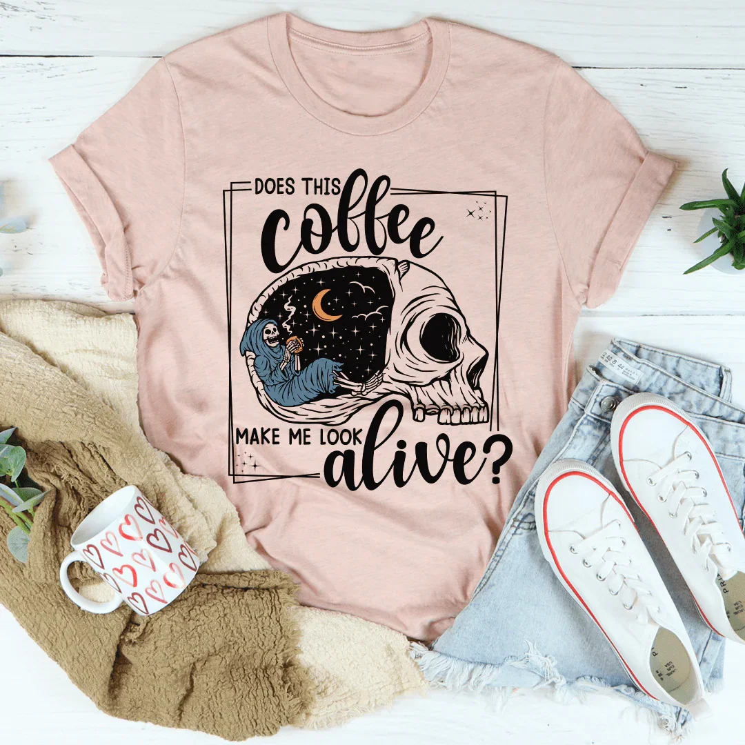 Does This Coffee Makes Me Look Alive Cozy Skull Tee Heather Prism Peach / S Peachy Sunday T-Shirt