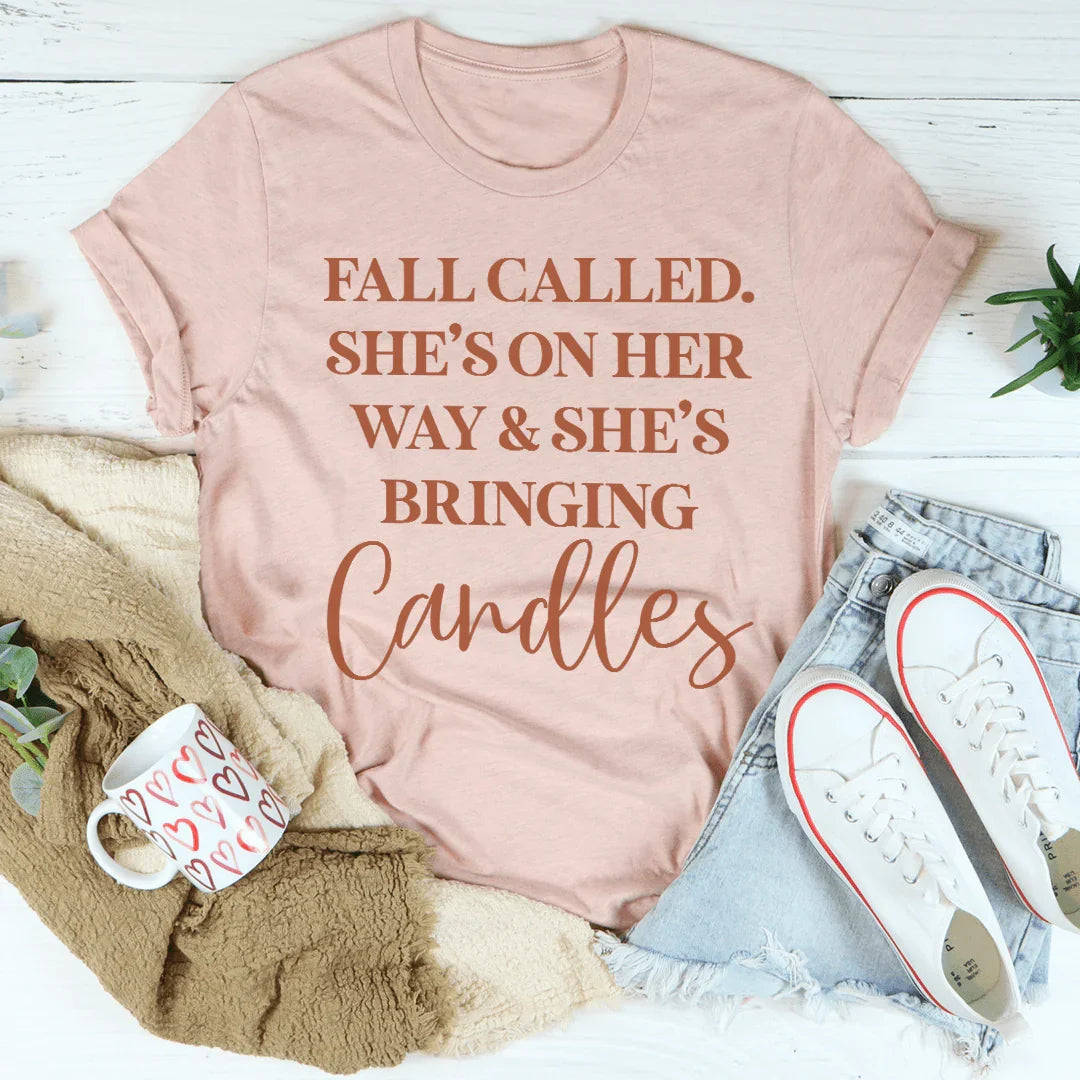 Fall Called She's On Her Way And She's Bringing Candles Tee Heather Prism Peach / S Peachy Sunday T-Shirt