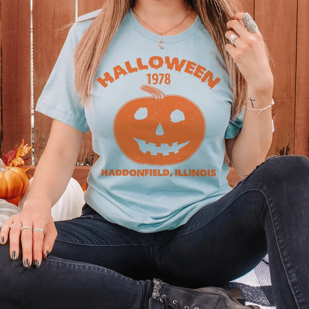 Halloween Pumpkin Tee Heather Prism Dusty Blue / S Peachy Sunday T-Shirt
