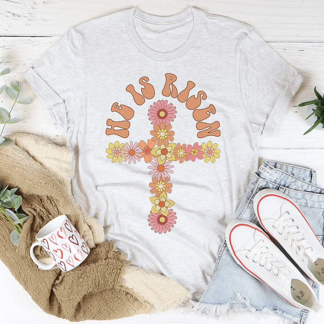 He Is Risen Floral Cross Tee Peachy Sunday T-Shirt