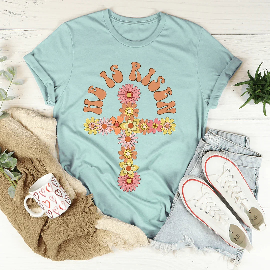 He Is Risen Floral Cross Tee Peachy Sunday T-Shirt