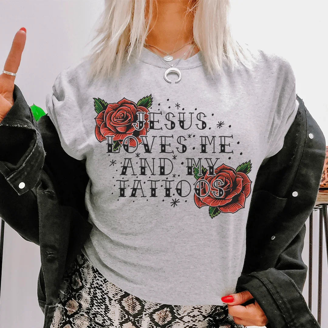 Jesus Loves Me And My Tattoos Tee Athletic Heather / S Peachy Sunday T-Shirt