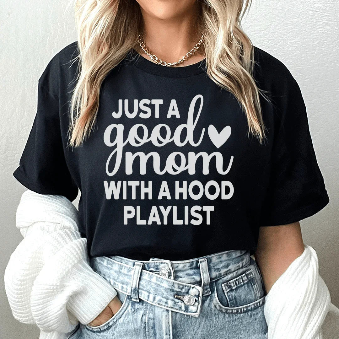 Just A Good Mom With A Hood Playlist Tee Black Heather / S Peachy Sunday T-Shirt