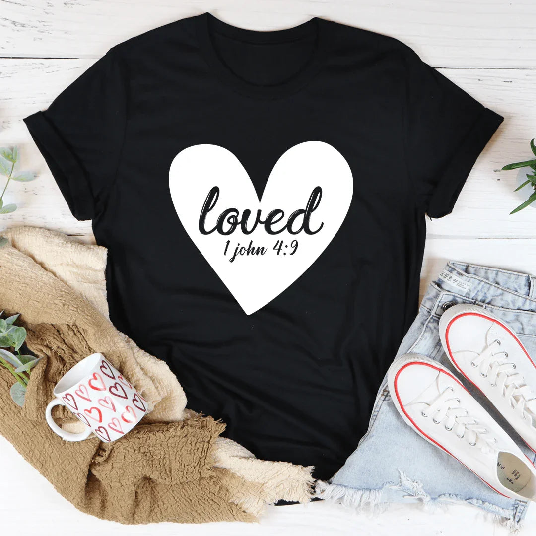 Loved 1 John 4:9 Tee Black Heather / S Peachy Sunday T-Shirt