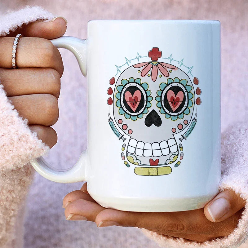 Nurse Sugar Skull Ceramic Mug 15 oz White / One Size CustomCat Drinkware T-Shirt