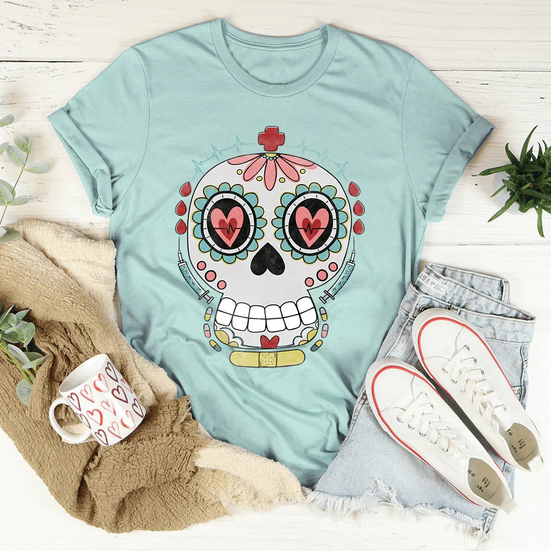 Nurse Sugar Skull Tee Heather Prism Dusty Blue / S Peachy Sunday T-Shirt