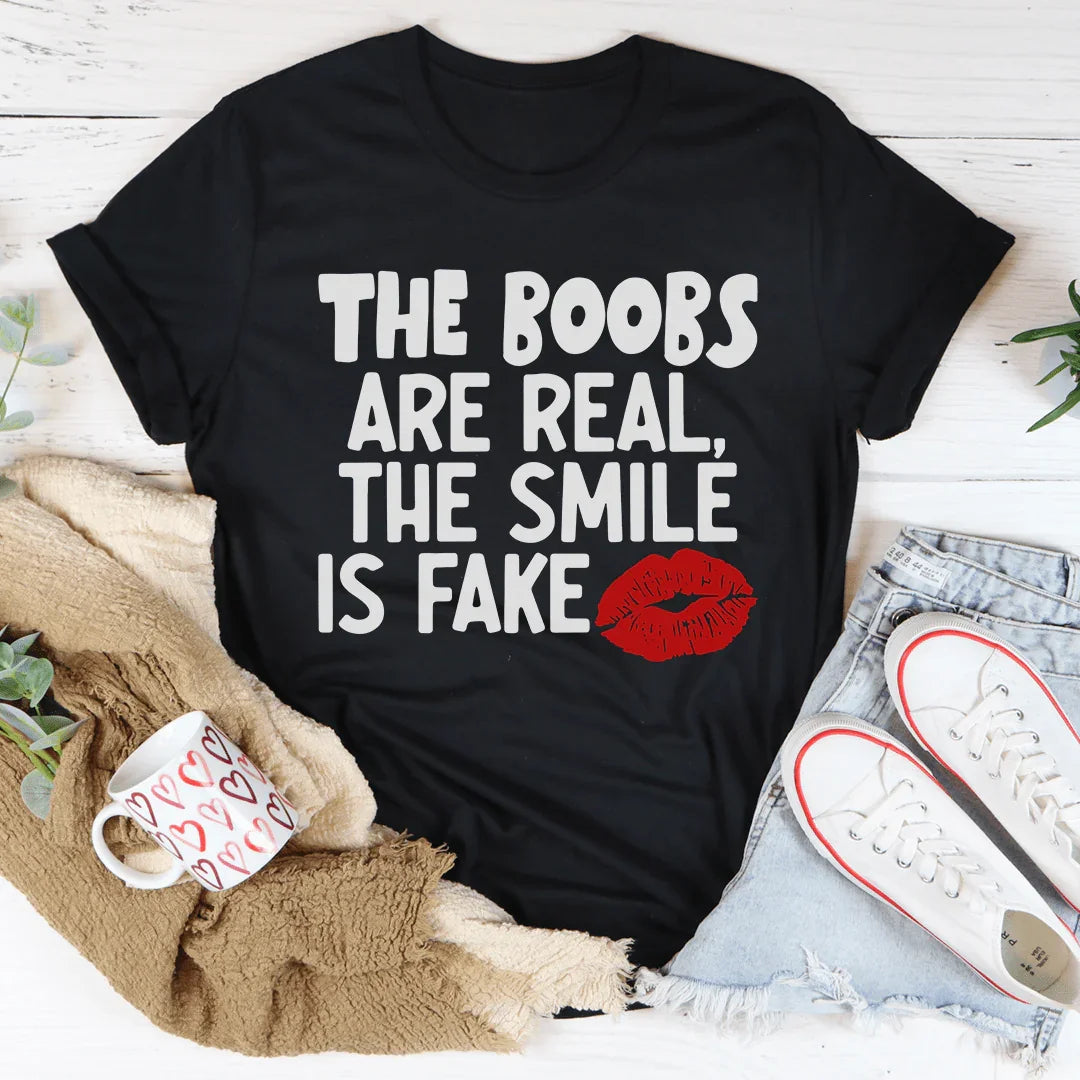 The Boobs Are Real The Smile Is Fake Tee Black Heather / S Peachy Sunday T-Shirt