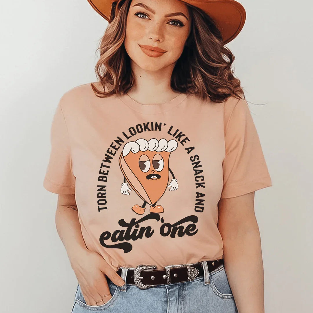 Torn Between Lookin' Like A Snack And Eating One Pumpkin Pie Tee Heather Prism Peach / S Peachy Sunday T-Shirt