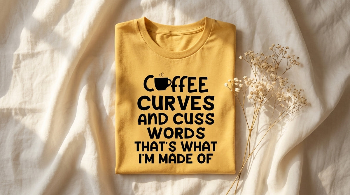 Mustard Coffee Curves and Cuss Words graphic tee folded on rumpled ivory linen with baby's breath sprig – Peachy Sunday cozy morning routine
