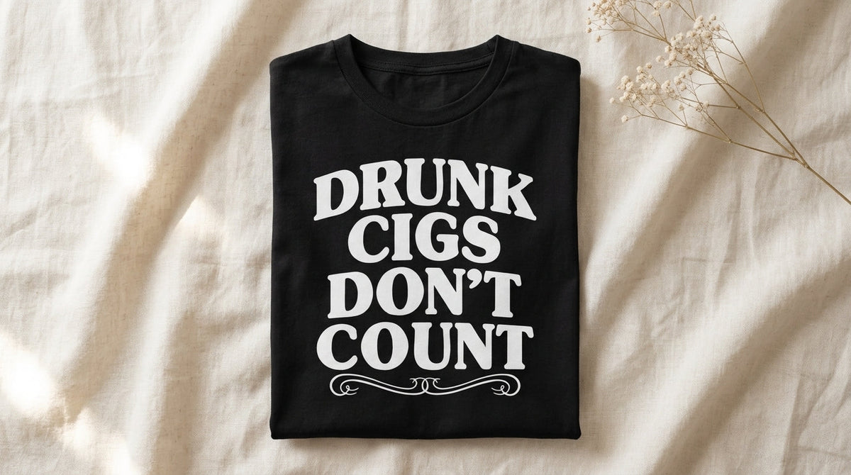 Folded black Drunk Cigs Don't Count graphic tee on rumpled ivory linen with baby's breath sprig – Peachy Sunday Journal featured hero