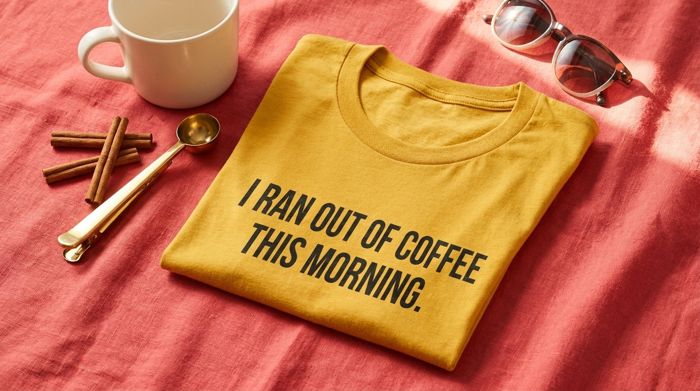 I Ran Out Of Coffee This Morning mustard graphic tee flat-lay on vibrant coral-rose textured linen with coffee mug, sunglasses, and cinnamon sticks - Peachy Sunday coffee lover gift guide