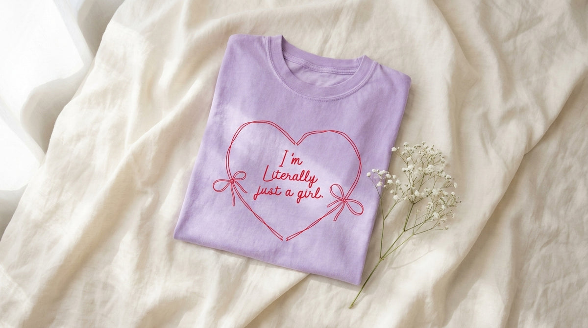 Folded orchid I'm Literally Just A Girl graphic tee on rumpled ivory linen with baby's breath sprig – Peachy Sunday Journal hero