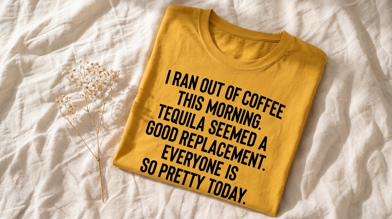 Mustard I Ran Out Of Coffee This Morning tee folded on rumpled ivory linen with baby's breath – Peachy Sunday coffee lover gifts
