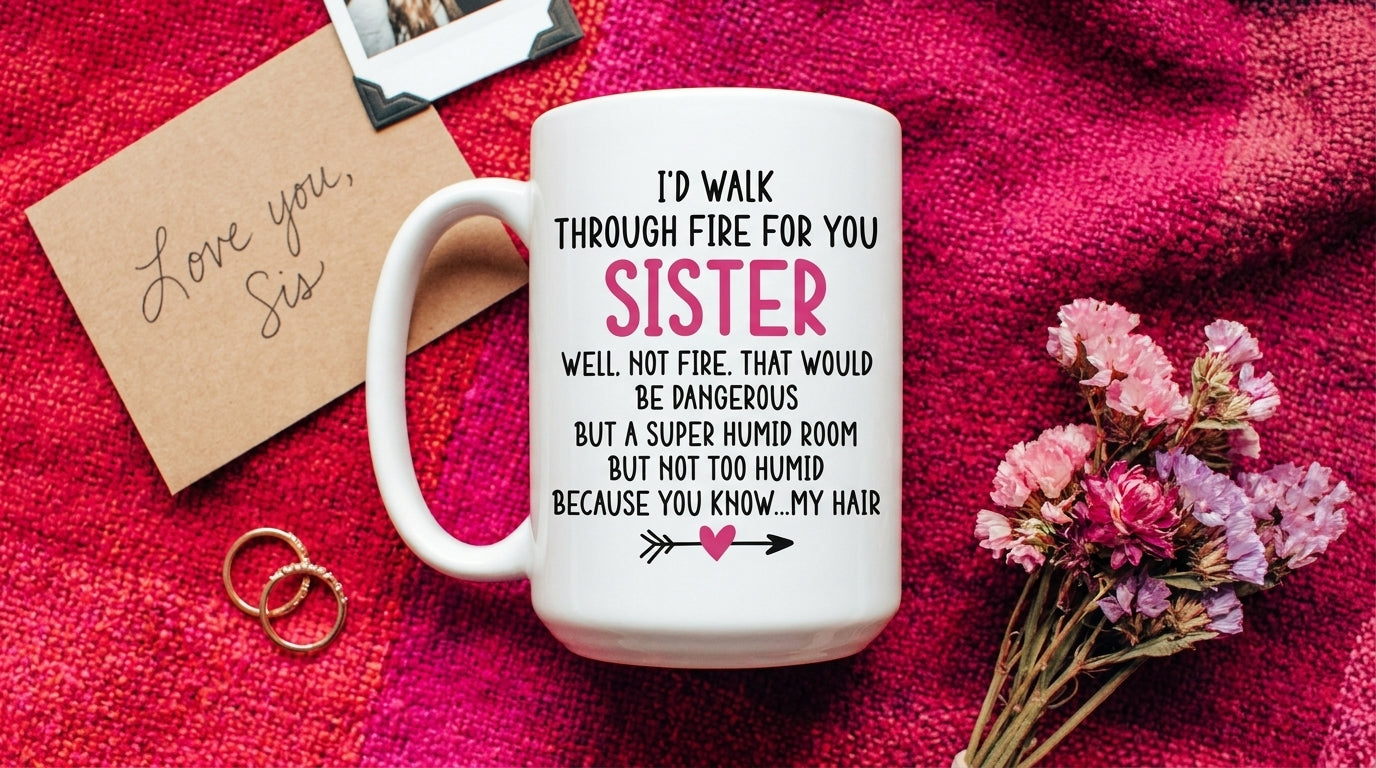 I'd Walk Through Fire For You Sister mug flat-laid on raspberry fabric with a note and dried flowers, Peachy Sunday