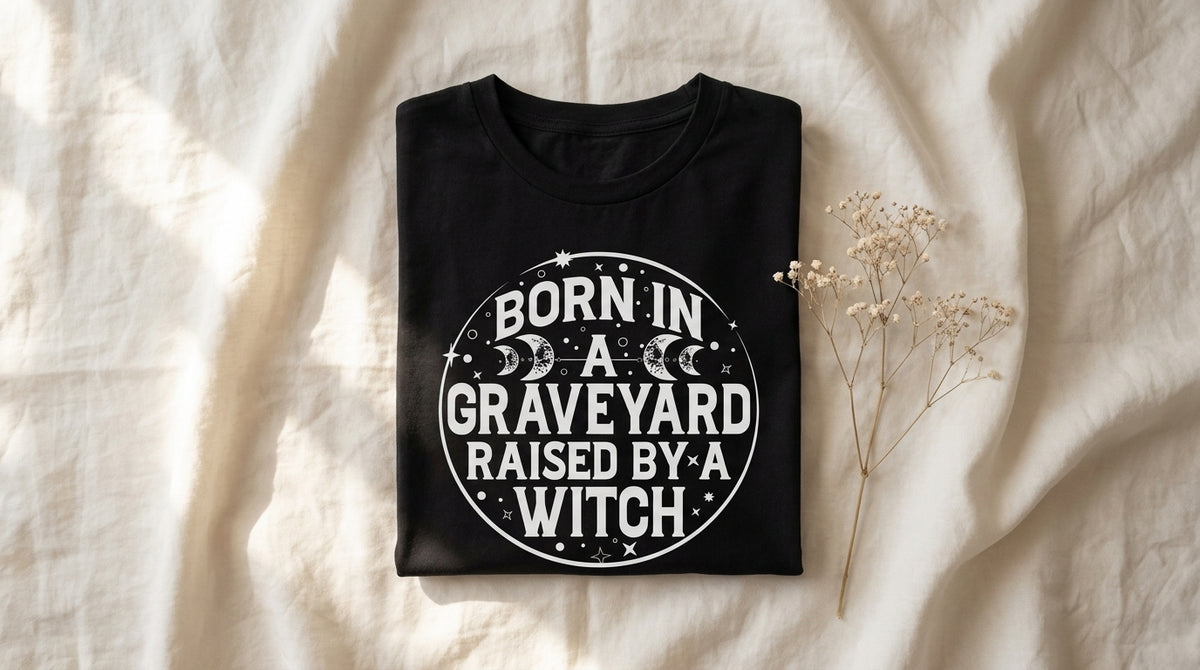 Folded black Born In A Graveyard Raised By A Witch tee on rumpled ivory linen with baby's breath sprig – Peachy Sunday Journal featured hero