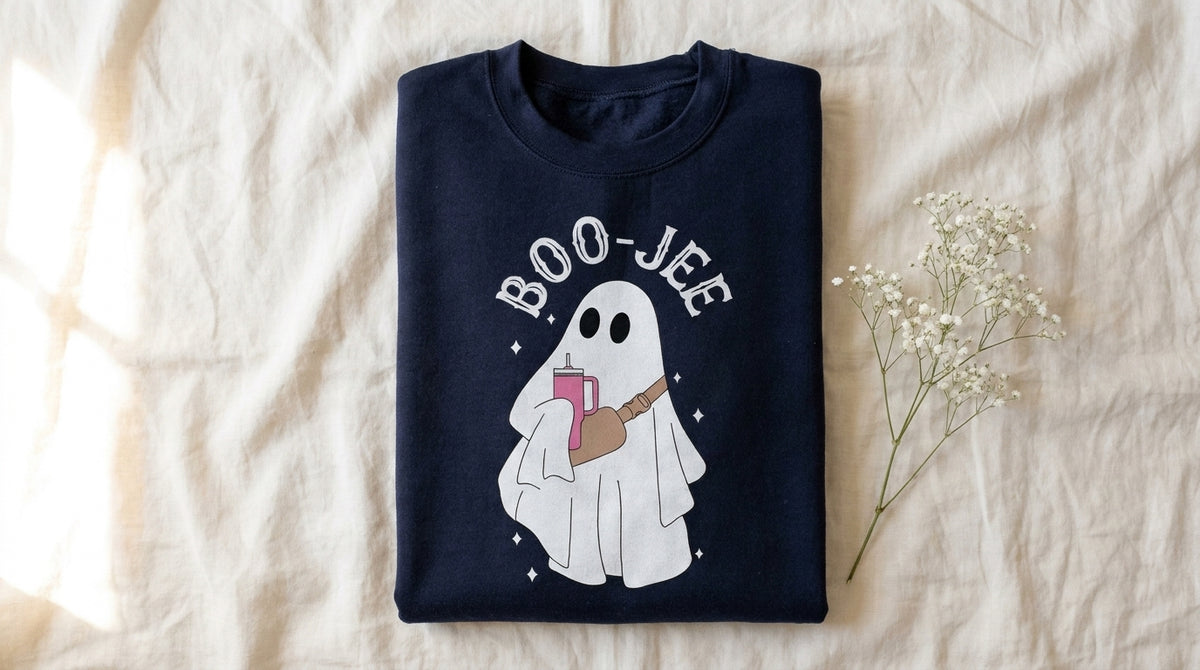Folded black Boo Jee ghost fleece sweatshirt on rumpled ivory linen with window light and baby's breath sprig – Peachy Sunday boujee loungewear guide