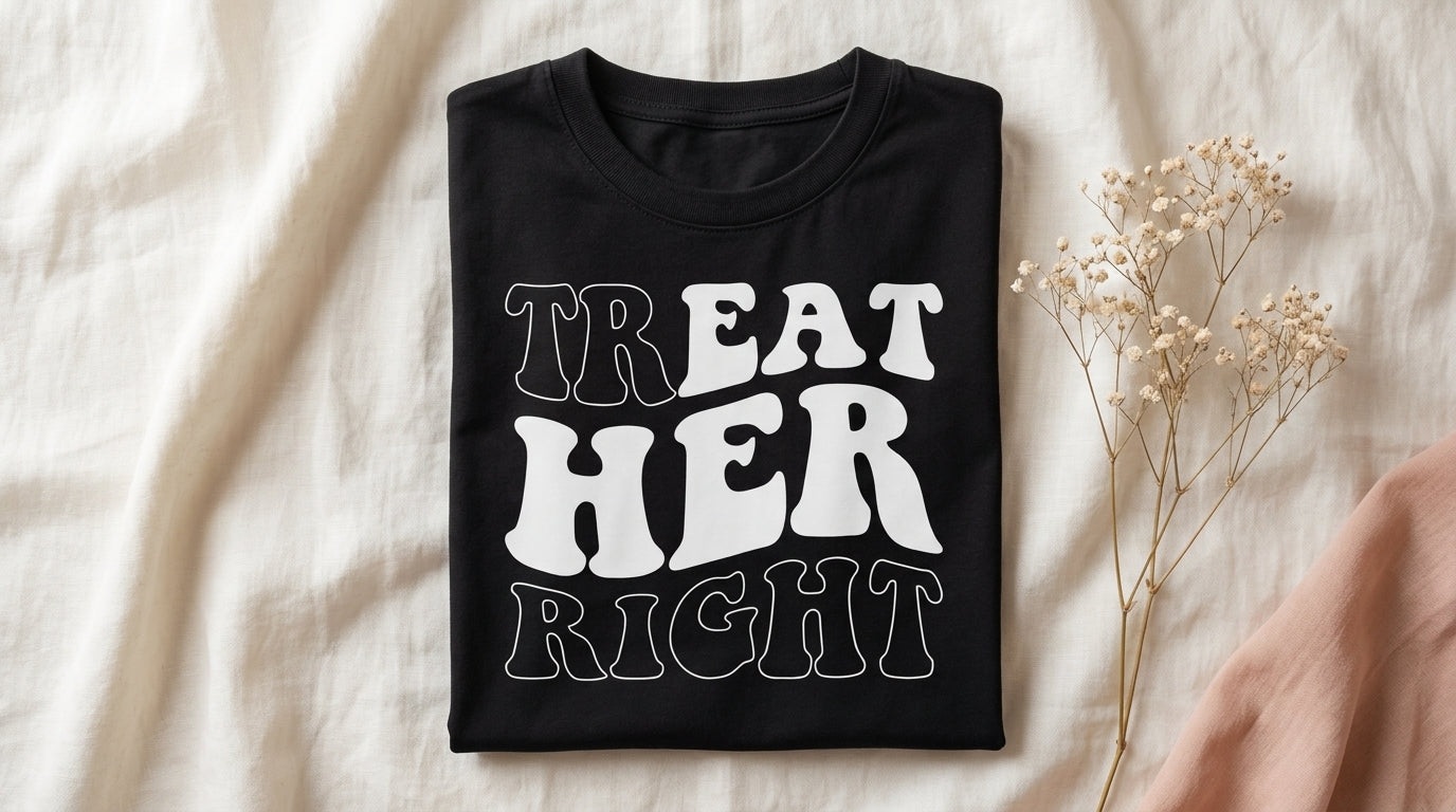 Black Treat Her Right graphic tee folded neatly on rumpled ivory linen with a delicate baby's breath sprig – Peachy Sunday Journal featured hero