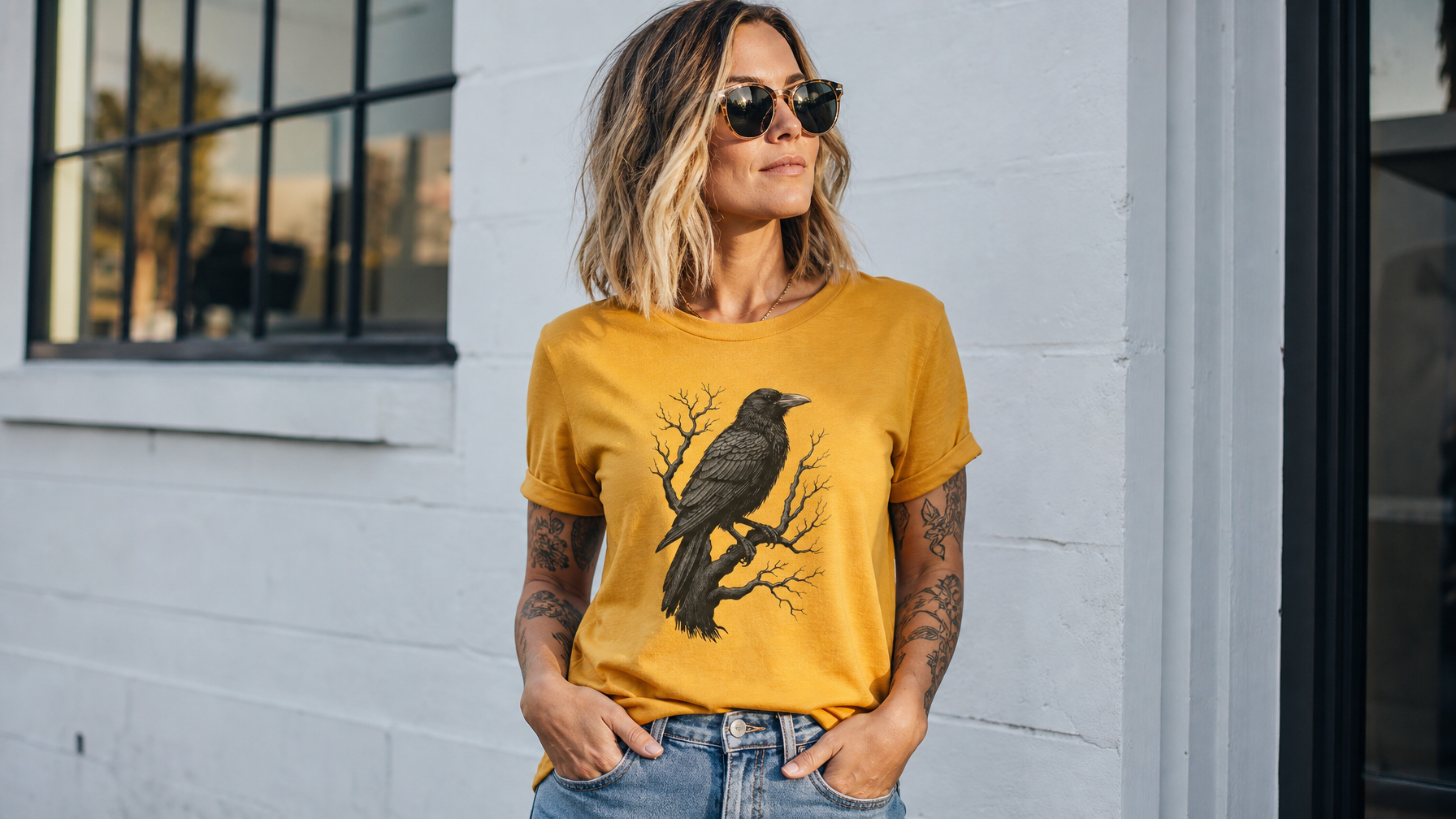 Confident woman in a graphic tee standing outdoors with a relaxed, assured posture