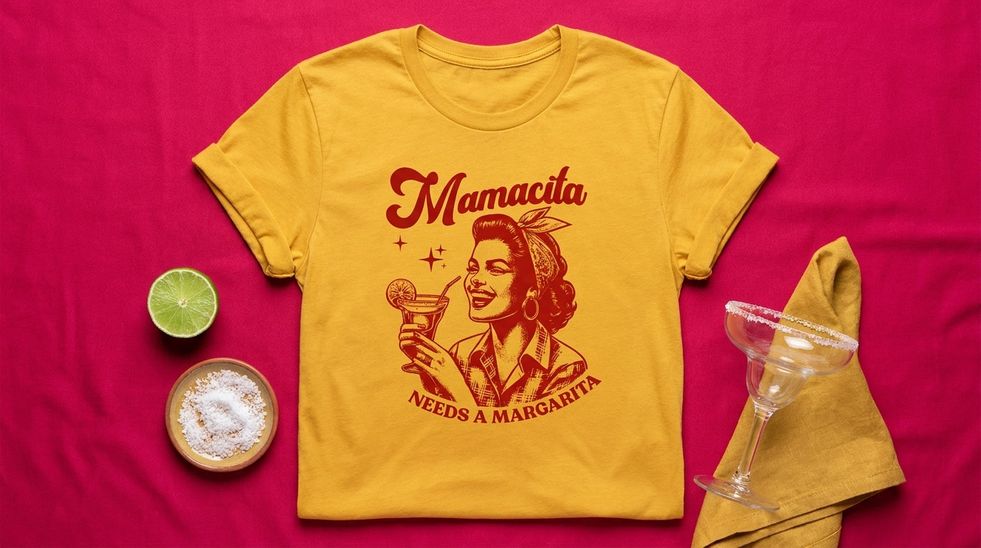 Mamacita Needs A Margarita mustard tee flat-laid on raspberry fabric with lime, salt, and a margarita glass – Peachy Sunday UGC flat lay