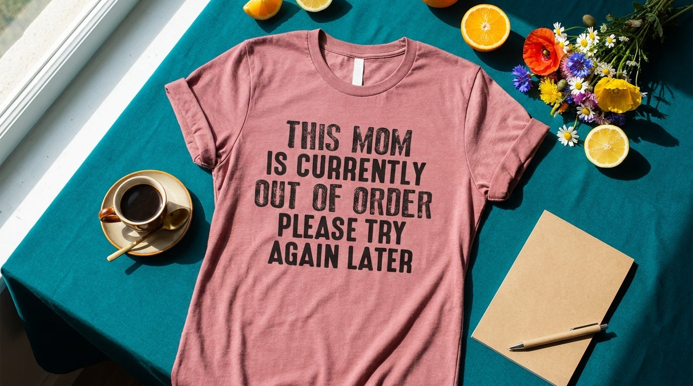 Mauve This Mom Is Currently Out Of Order tee flat-laid on teal linen with coffee and citrus – Peachy Sunday mom gift idea