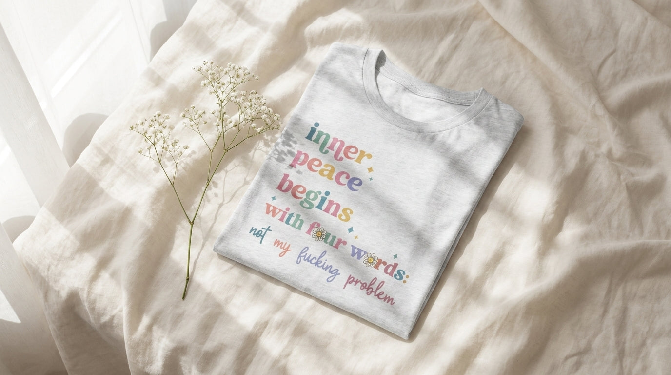 The Path of Inner Peace folded graphic tee on rumpled ivory linen with baby's breath sprig - Peachy Sunday fall reset gifts